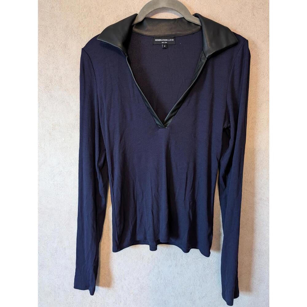 GENERATION LOVE navy black ribbed long sleeve blouse sz M